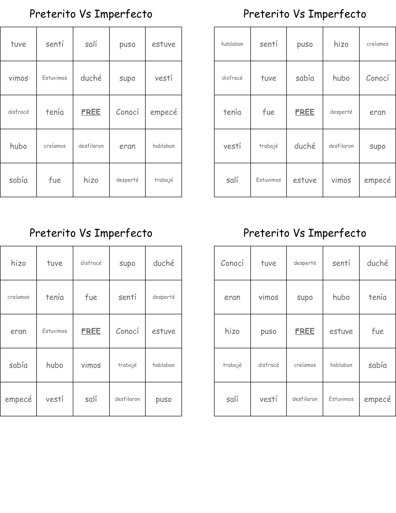 Preterito Vs Imperfecto Bingo Cards