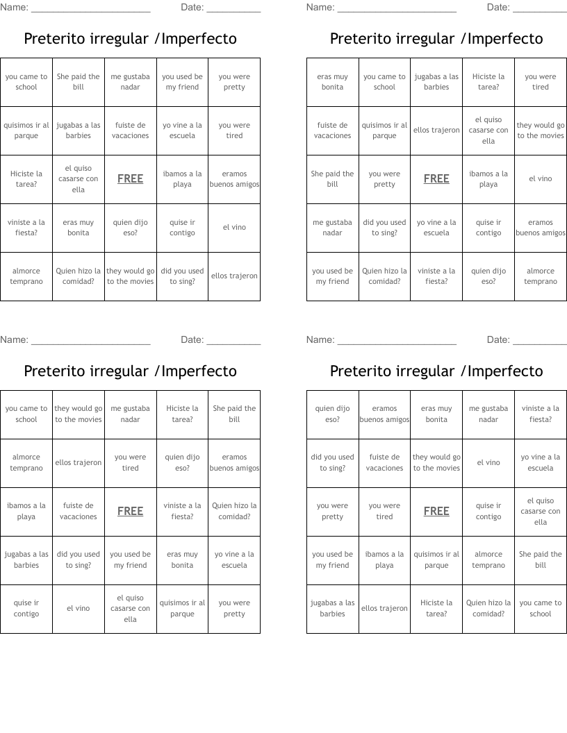 Preterito irregular /Imperfecto Bingo Cards