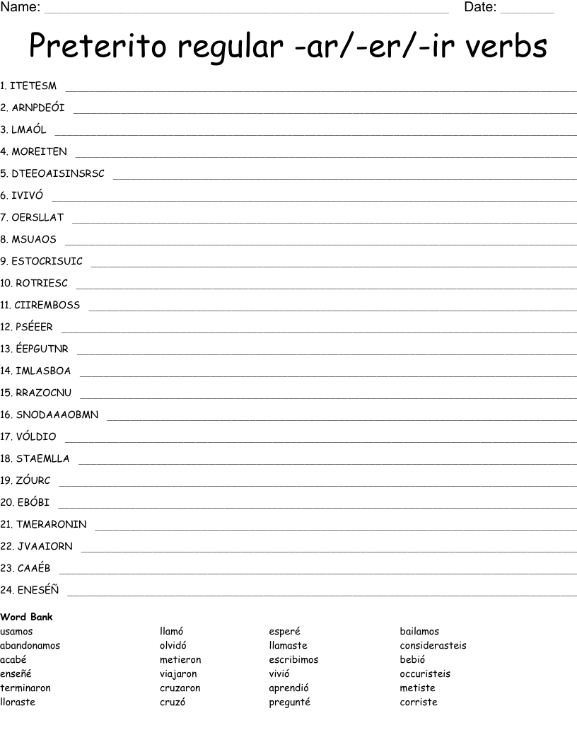 Preterito regular -ar/-er/-ir verbs Word Scramble