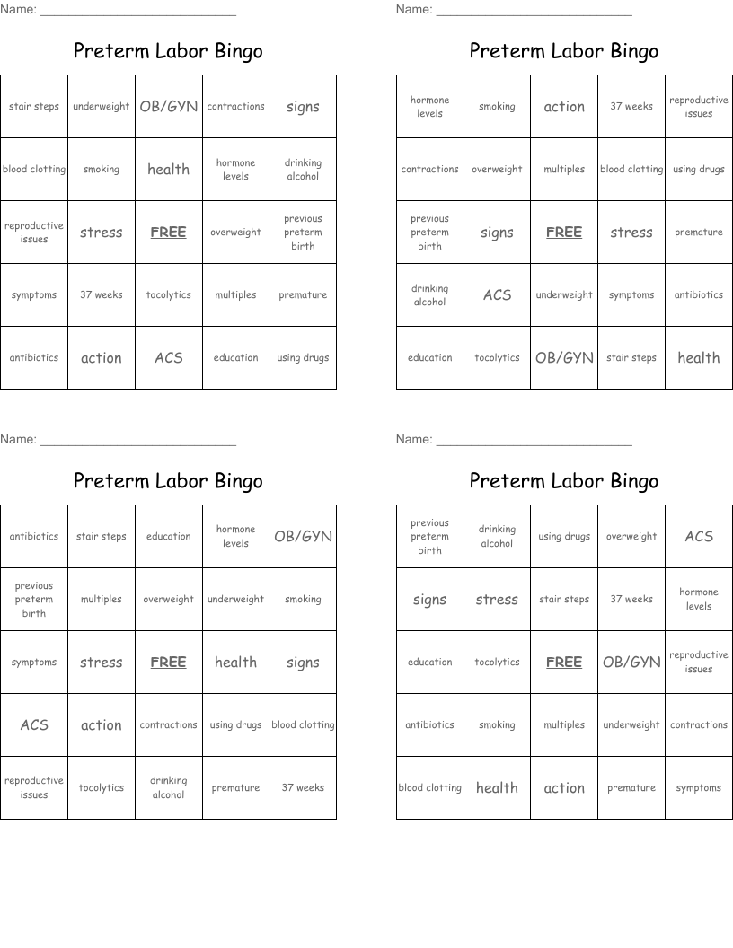 Preterm Labor Bingo