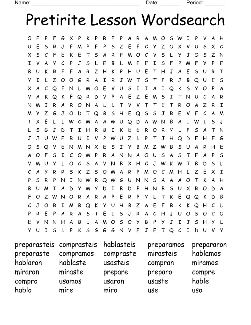 Pretirite Lesson Wordsearch