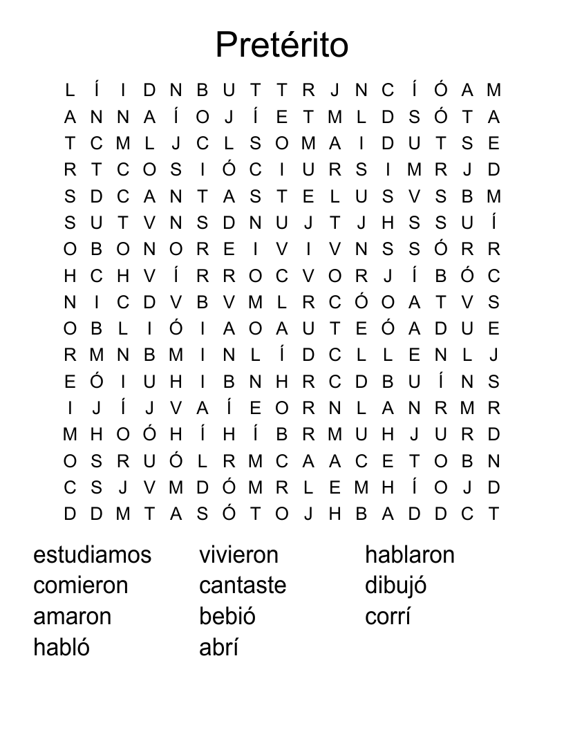 Pretérito Word Search