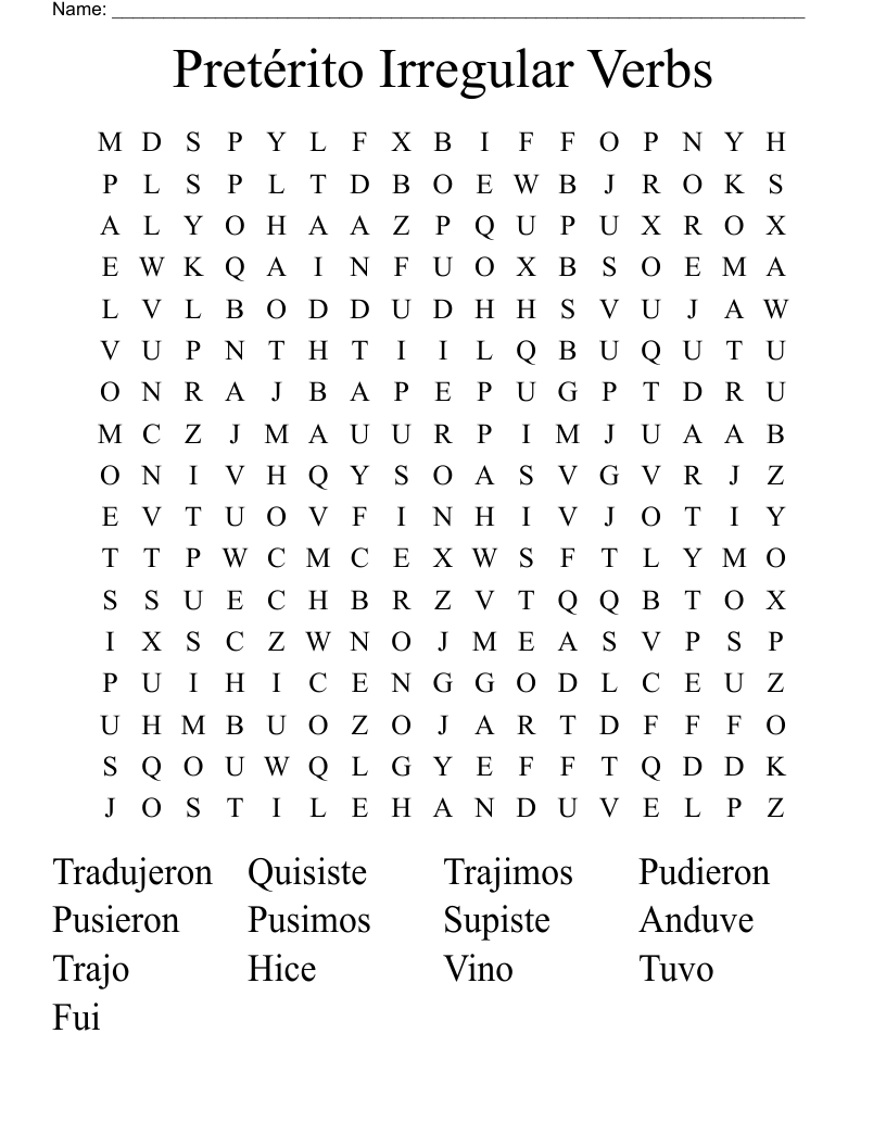 Pretérito Irregular Verbs Word Search