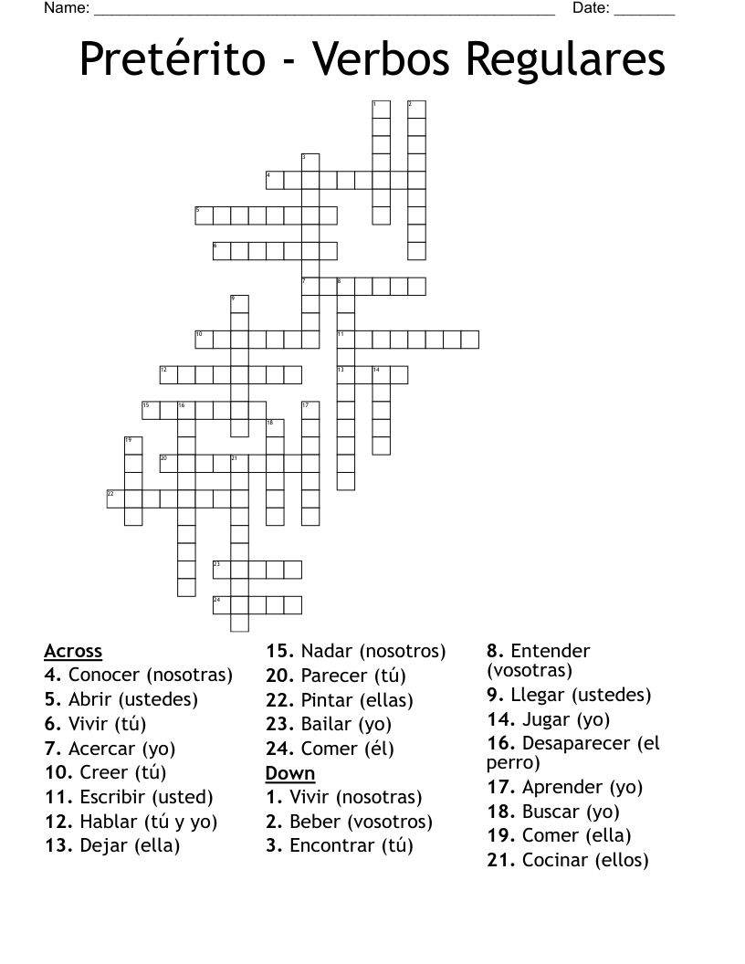 Pretérito - Verbos Regulares Crossword