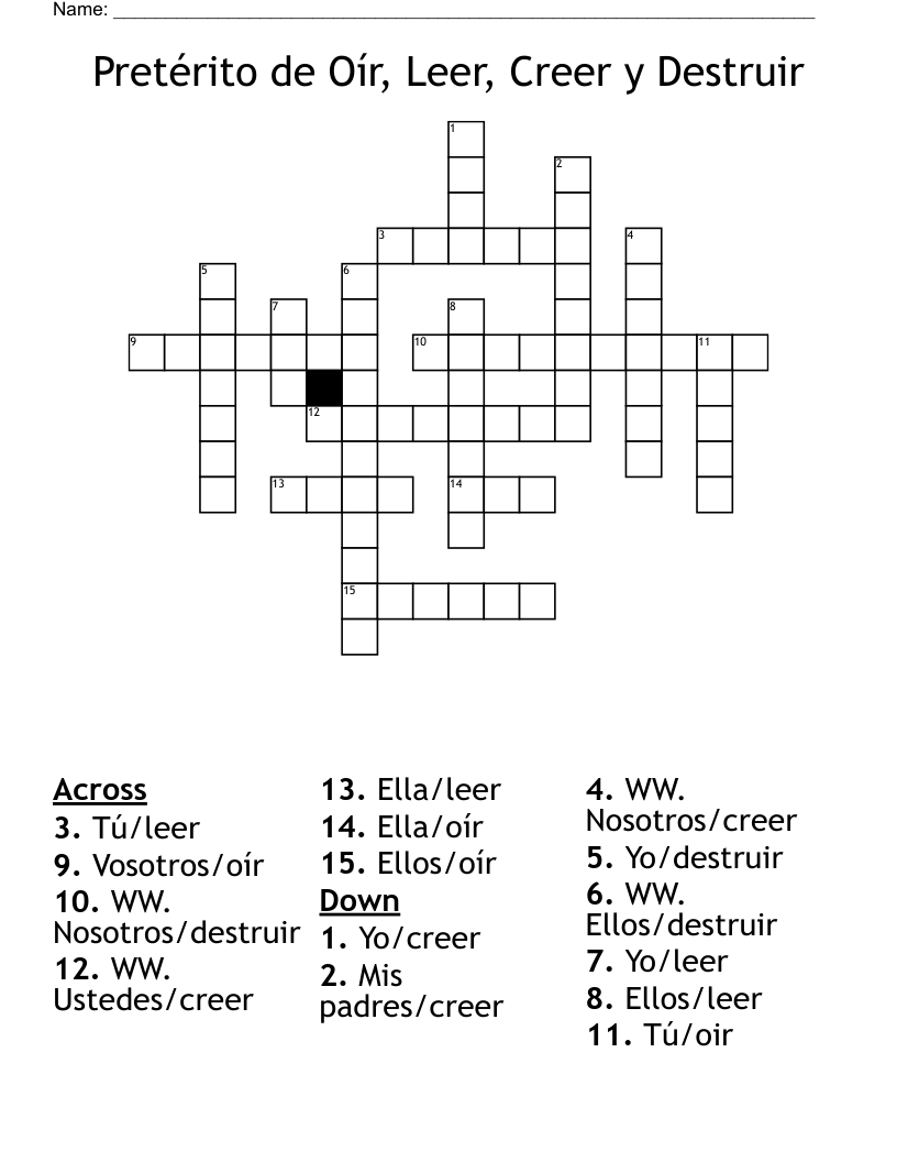 Pretérito de Oír, Leer, Creer y Destruir Crossword