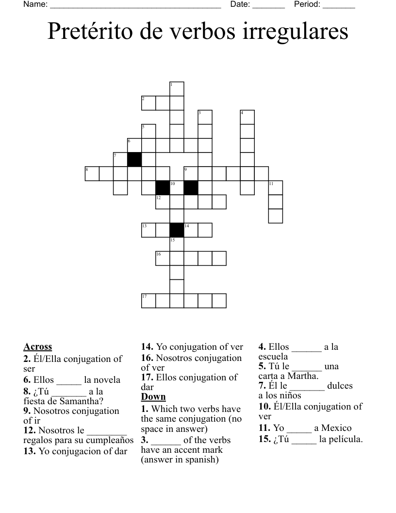 Pretérito de verbos irregulares  Crossword
