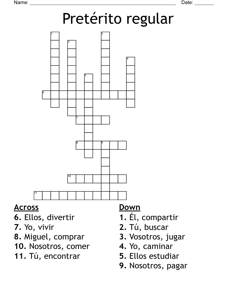 Pretérito regular Crossword