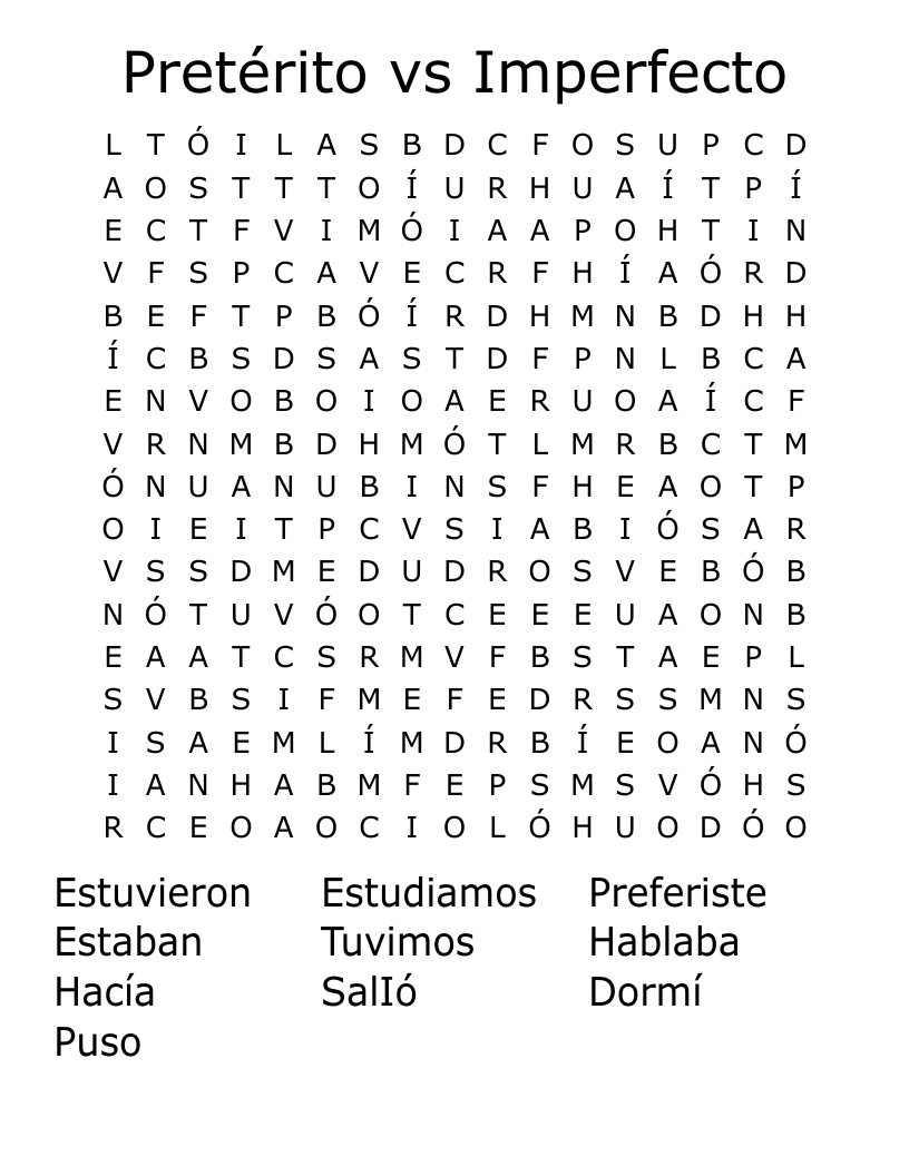 Pretérito vs Imperfecto Word Search