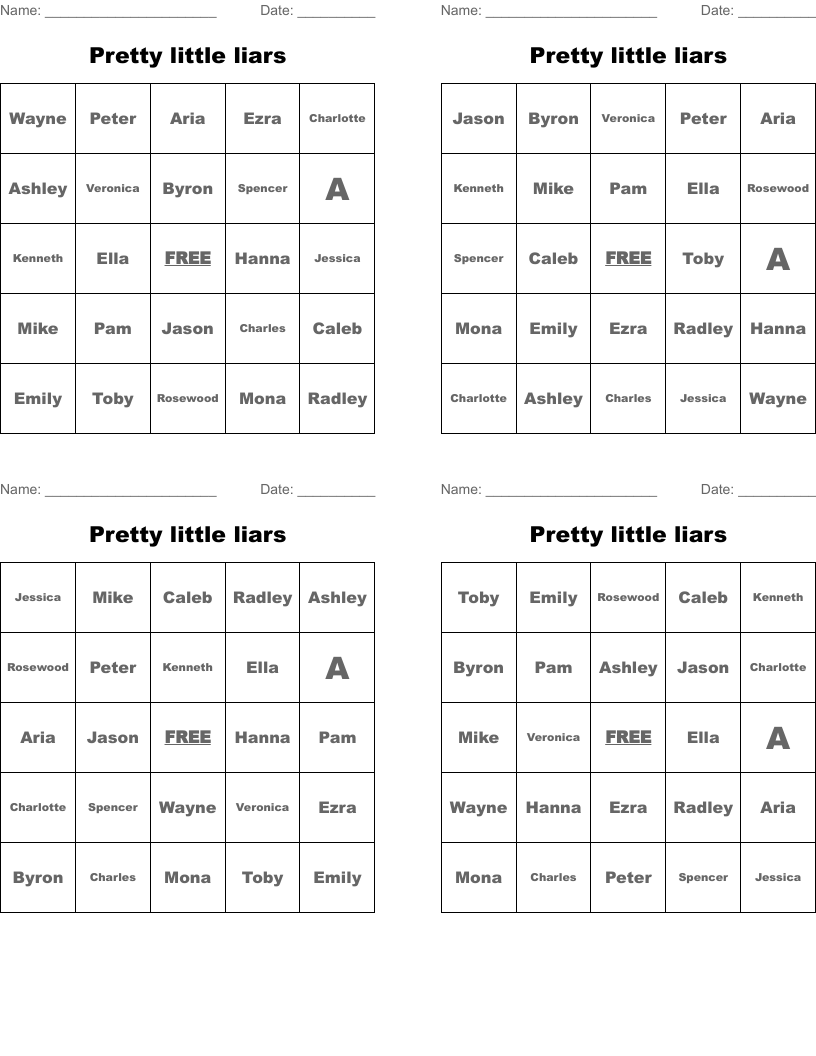 Pretty little liars  Bingo Cards
