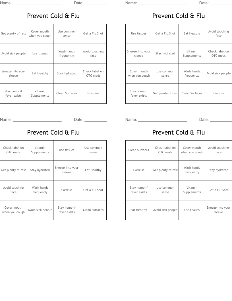 Prevent Cold & Flu Bingo Cards