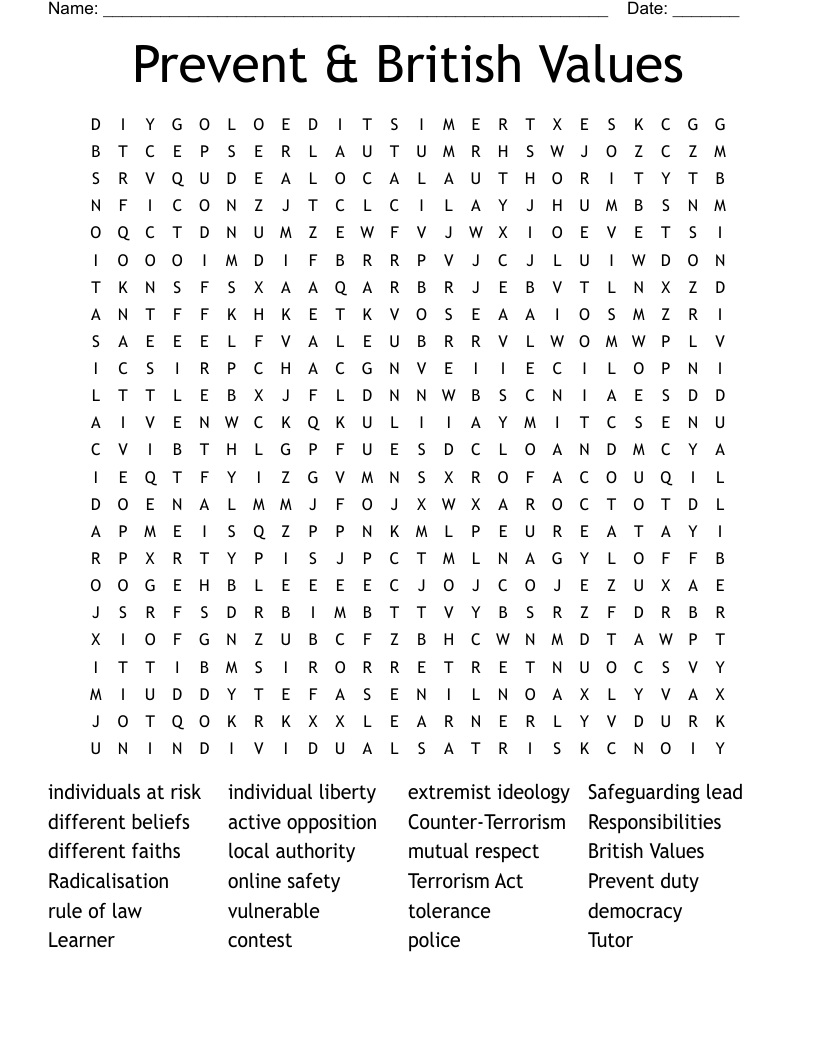 Prevent & British Values Word Search