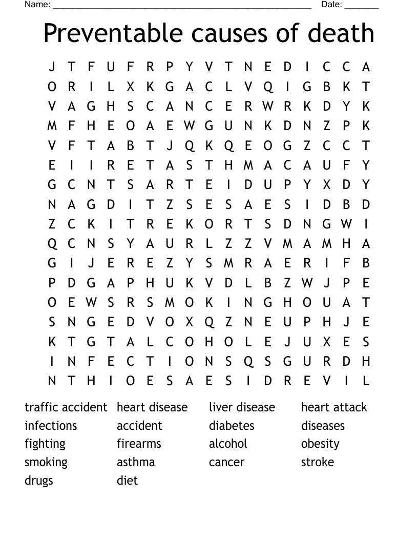 Preventable causes of death Word Search