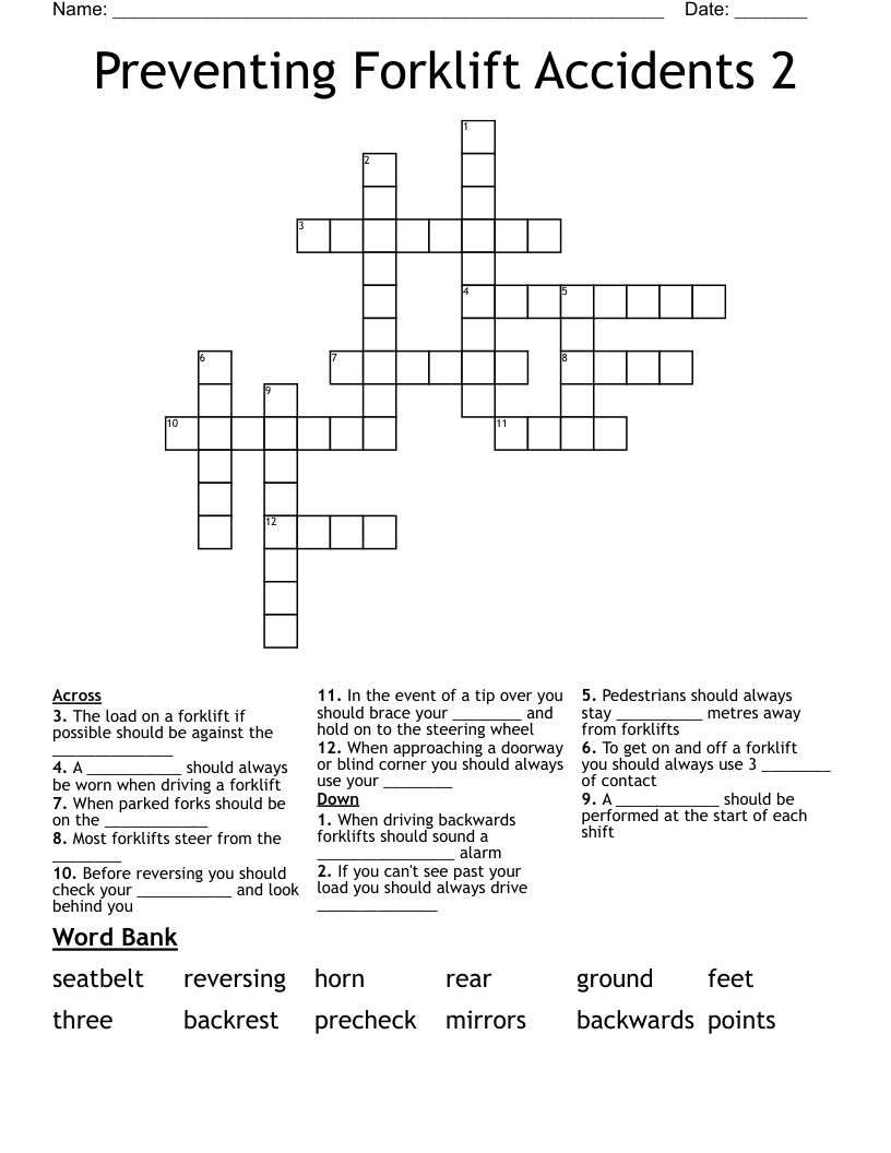 Preventing Forklift Accidents 2 Crossword