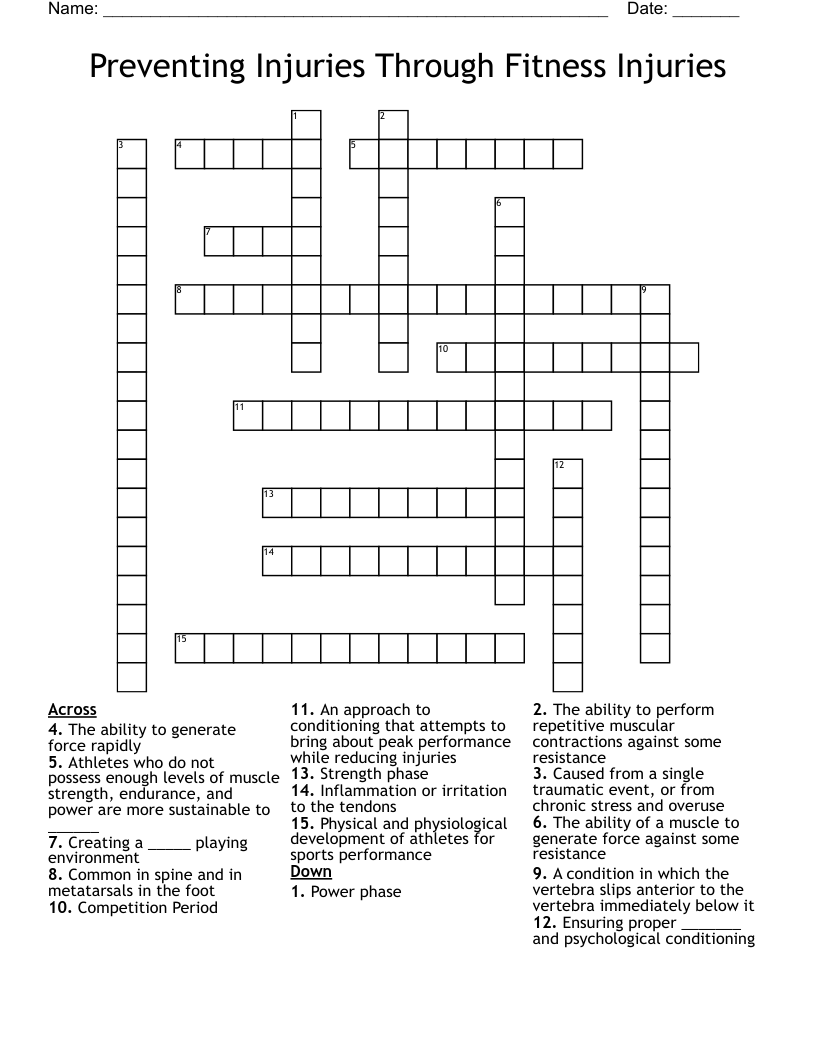 Preventing Injuries Through Fitness Injuries  Crossword