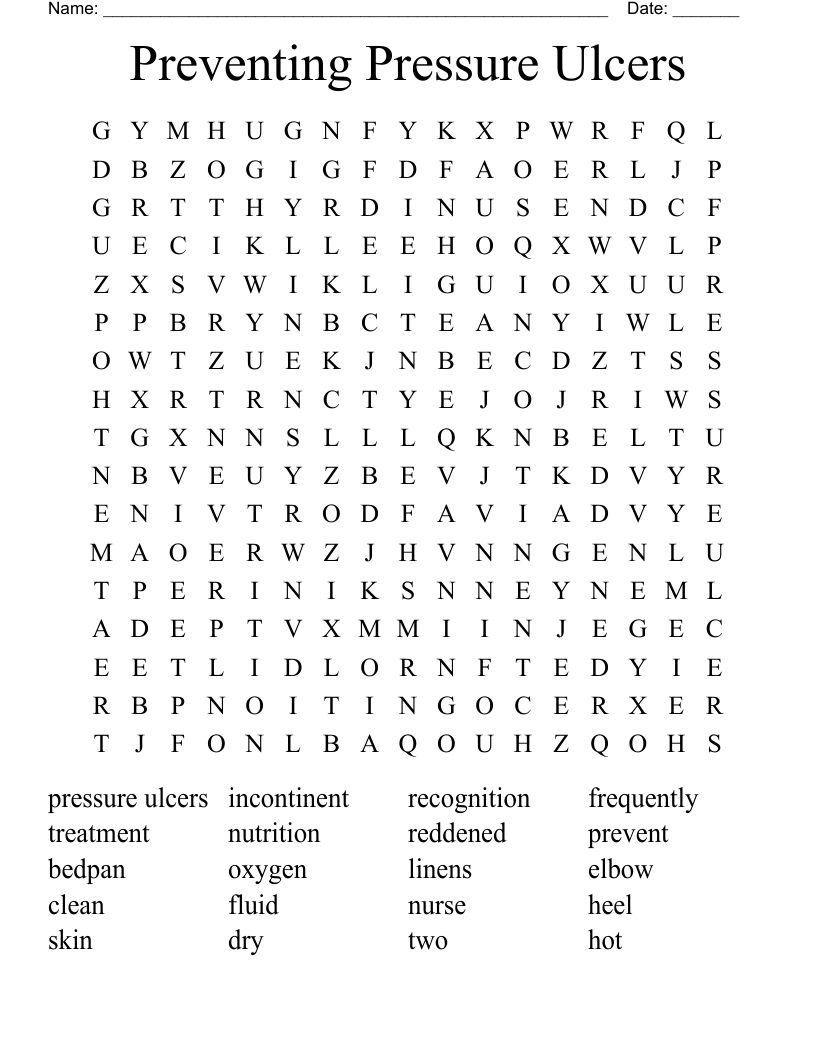 Preventing Pressure Ulcers Word Search
