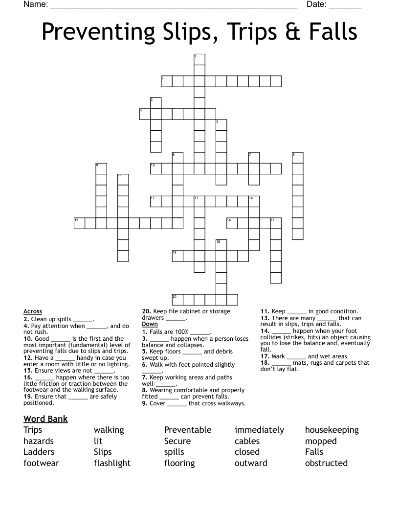 Preventing Slips, Trips & Falls Crossword