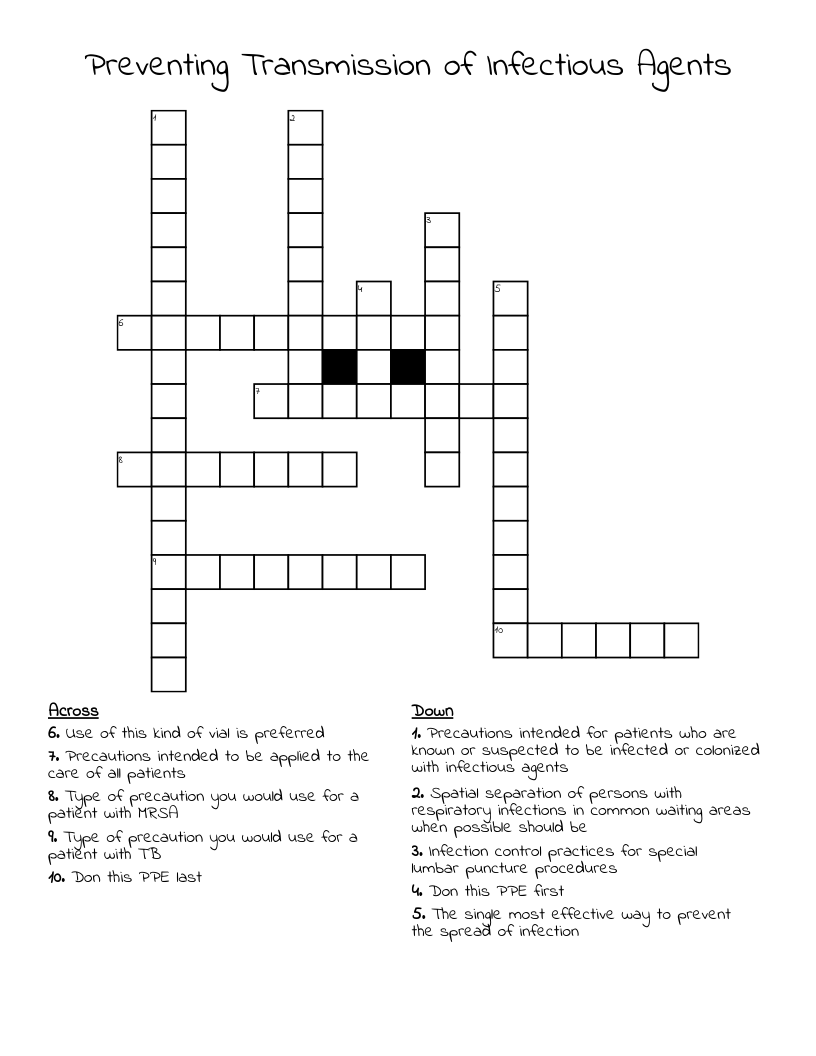 Preventing Transmission of Infectious Agents Crossword