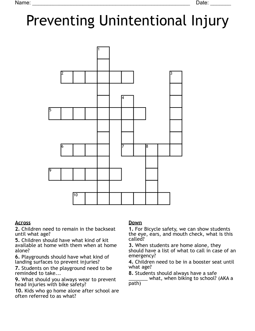 Preventing Unintentional Injury Crossword