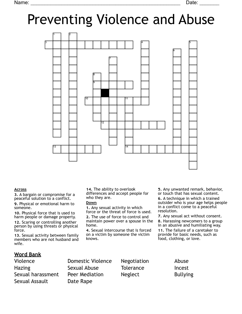 Preventing Violence and Abuse  Crossword