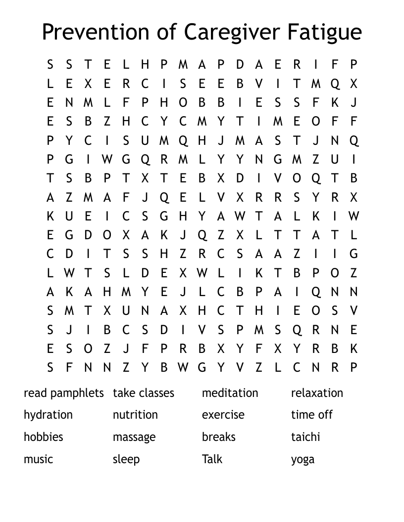 Prevention of Caregiver Fatigue Word Search
