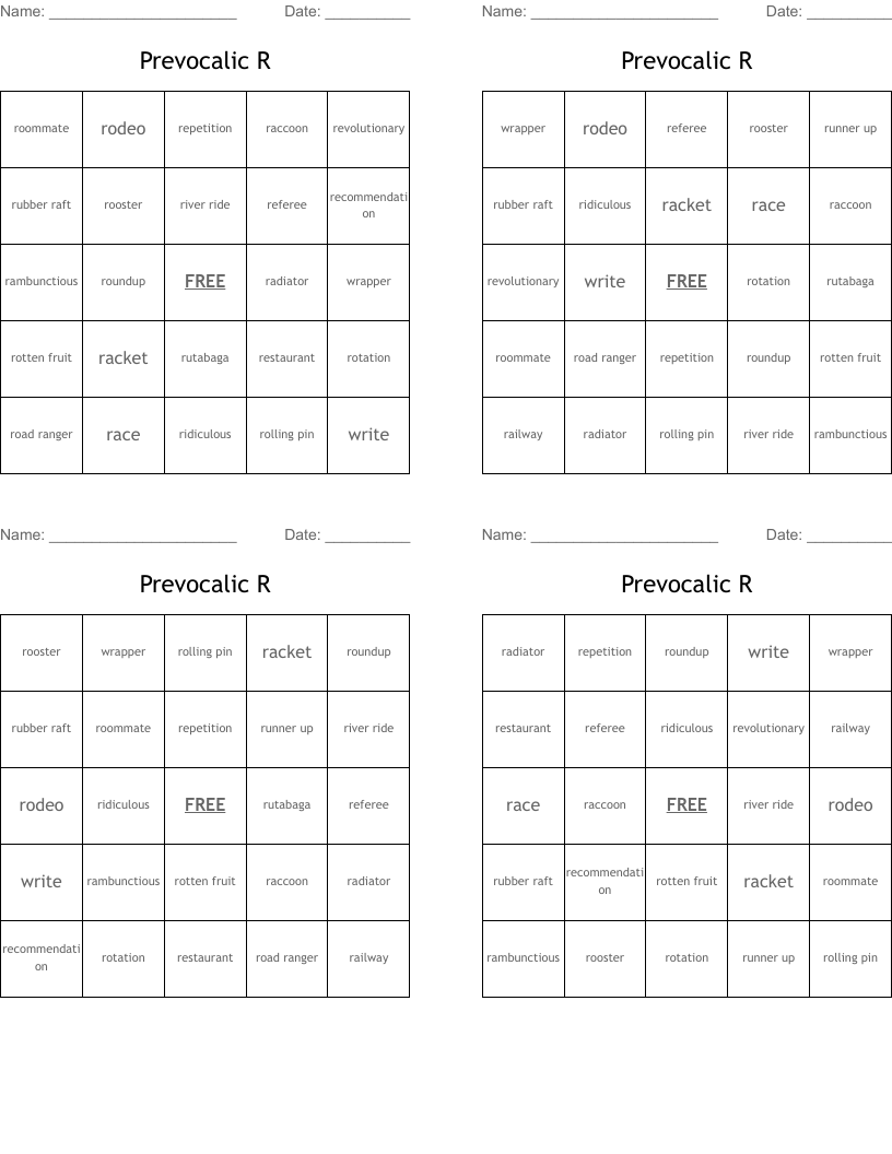 Prevocalic R Bingo Cards