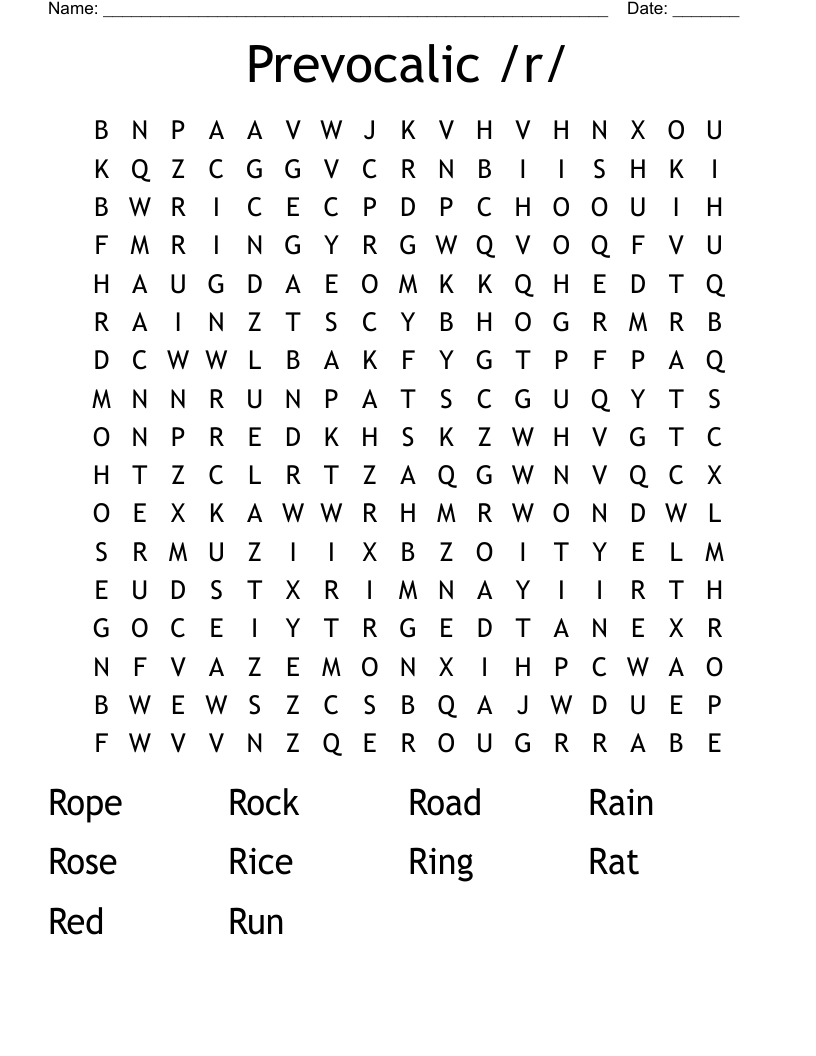Prevocalic /r/ Word Search
