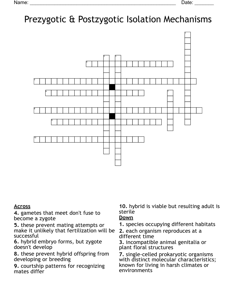 Prezygotic & Postzygotic Isolation Mechanisms Crossword