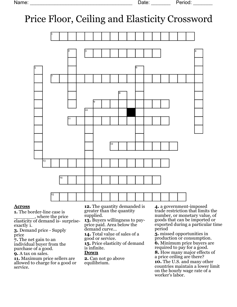 Price Floor, Ceiling and Elasticity Crossword
