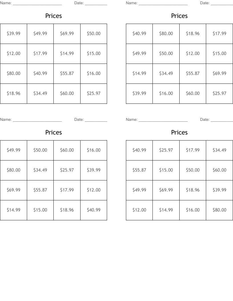 Prices Bingo Cards
