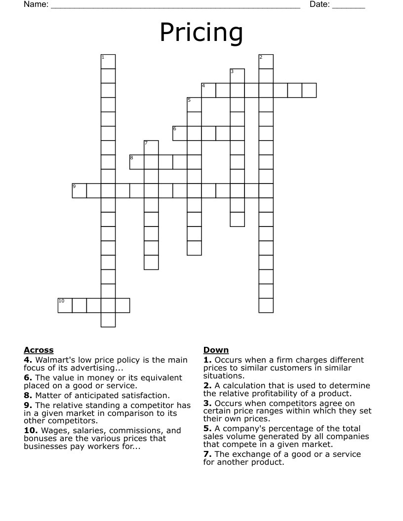 Pricing Crossword