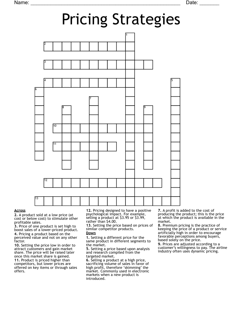 Pricing Strategies Crossword