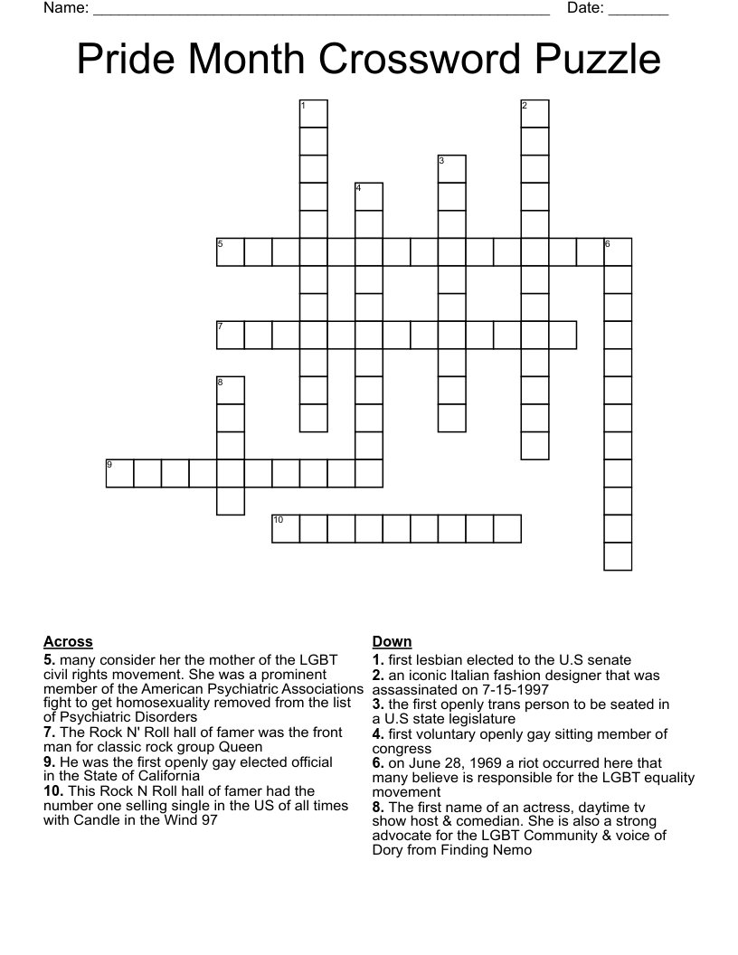 Pride Month Crossword Puzzle
