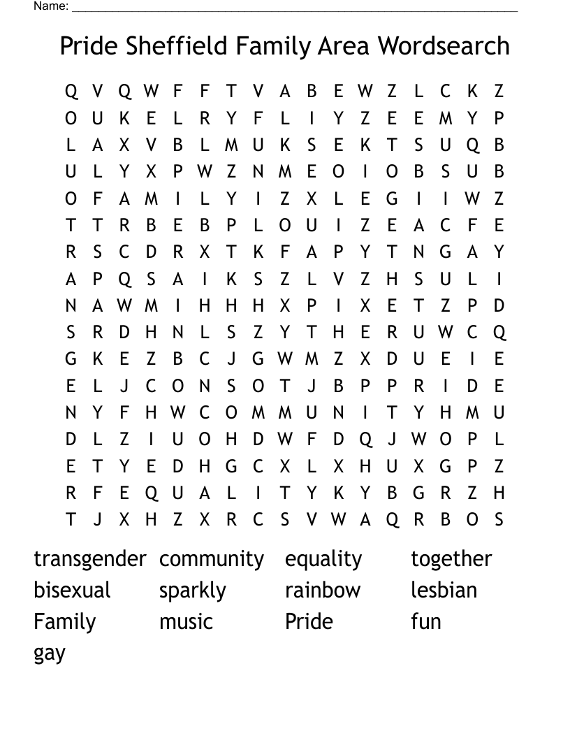 Pride Sheffield Family Area Wordsearch