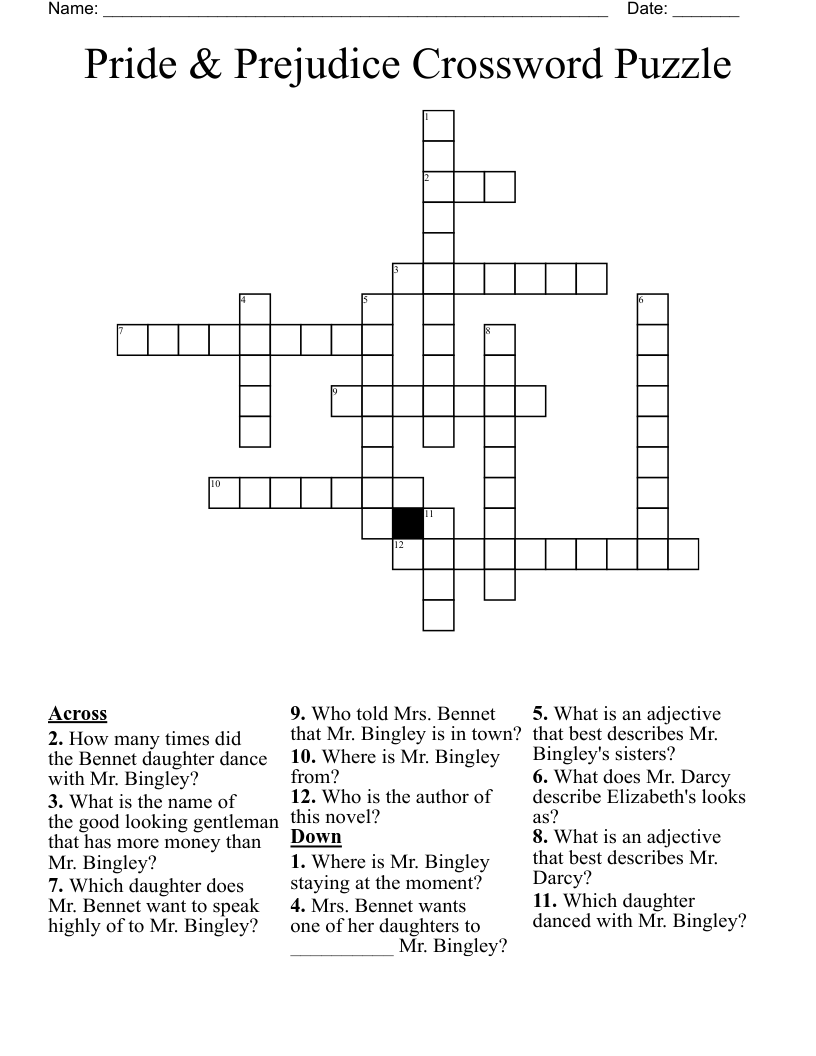 Pride & Prejudice Crossword Puzzle