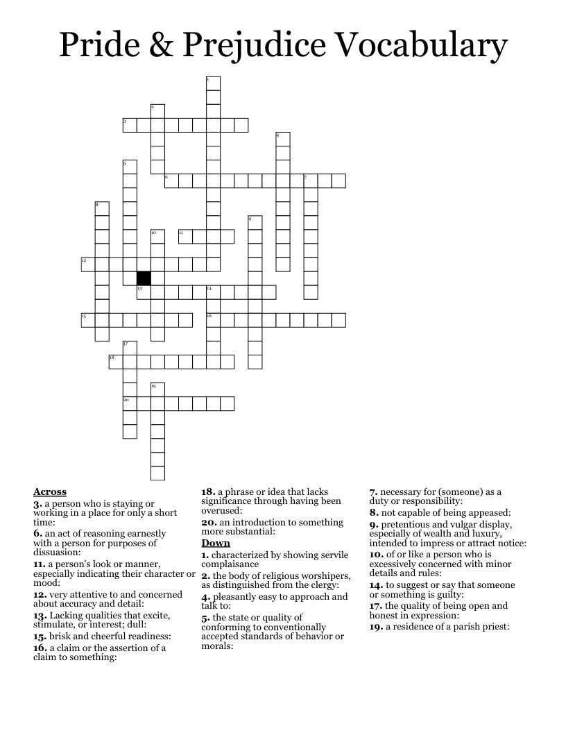 Pride & Prejudice Vocabulary Crossword