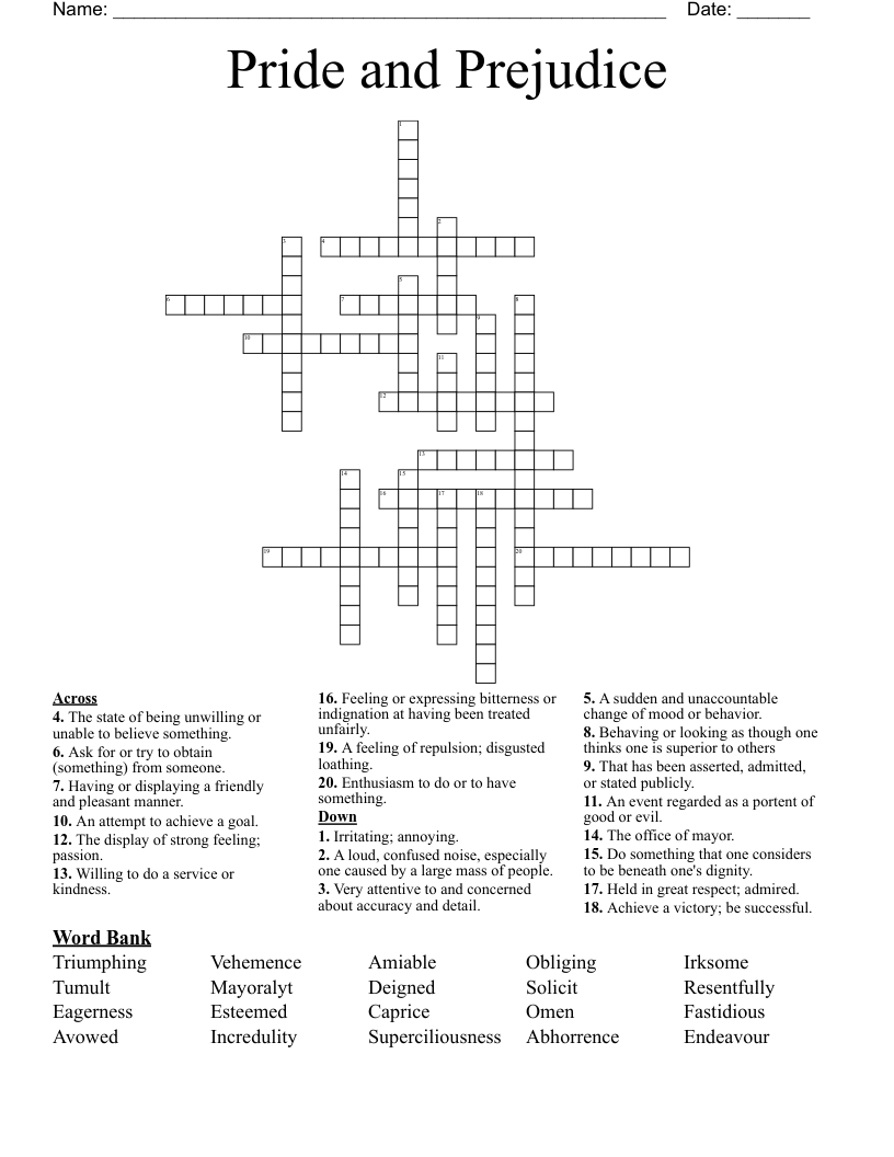 Pride and Prejudice Crossword