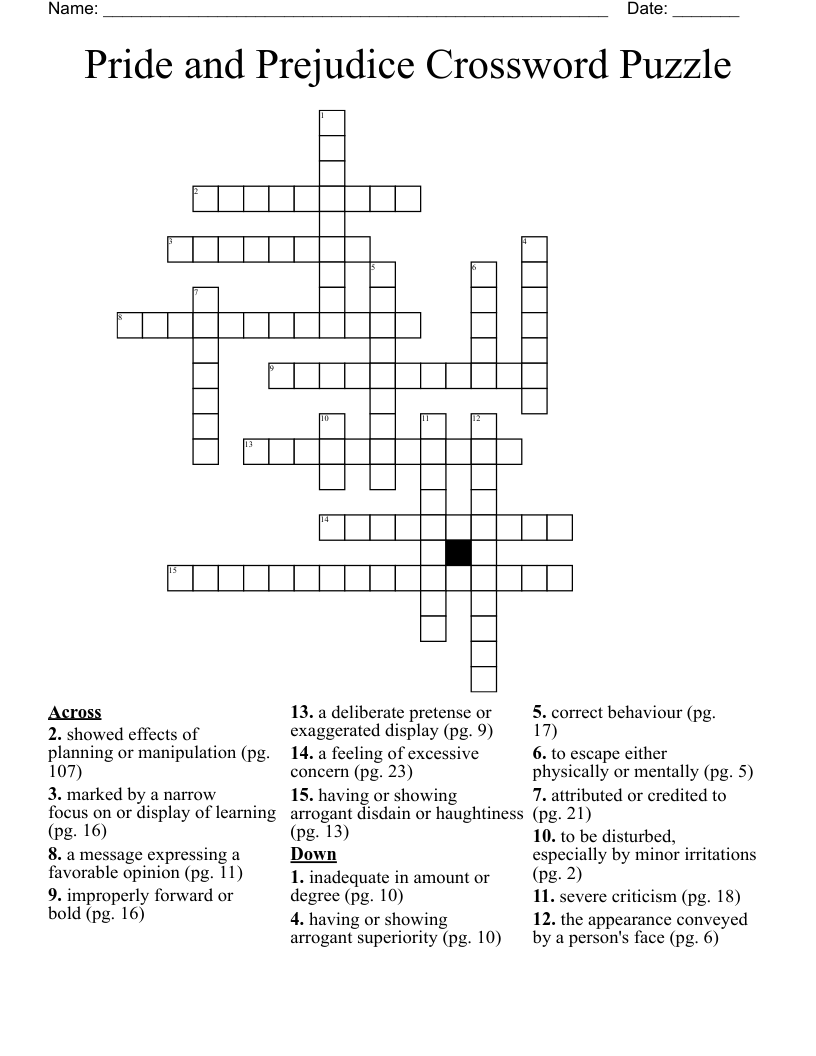 Pride and Prejudice Crossword Puzzle