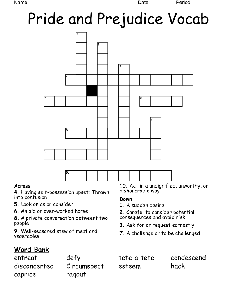 Pride and Prejudice Vocab Crossword