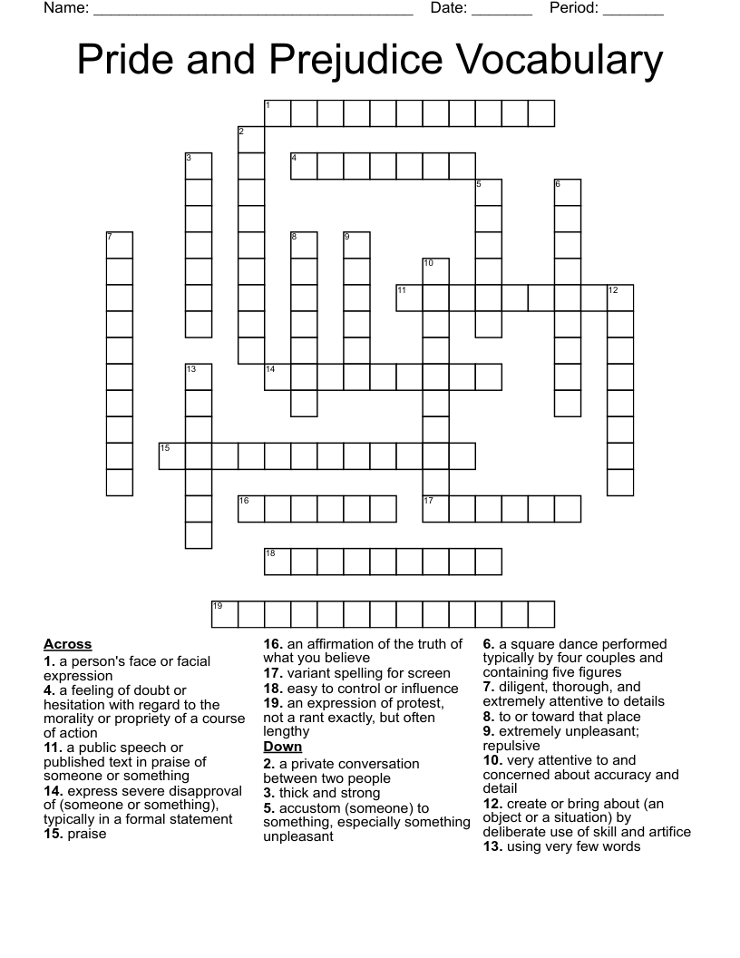 Pride and Prejudice Vocabulary Crossword