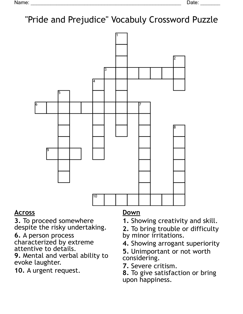 "Pride and Prejudice" Vocabuly Crossword Puzzle