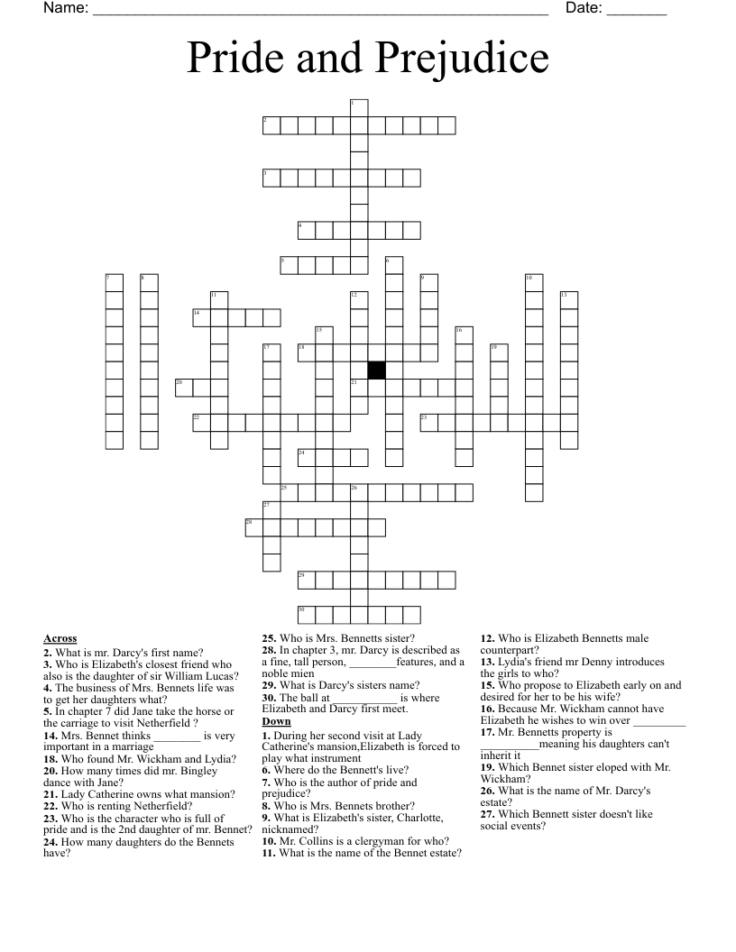 Pride and Prejudice  Crossword