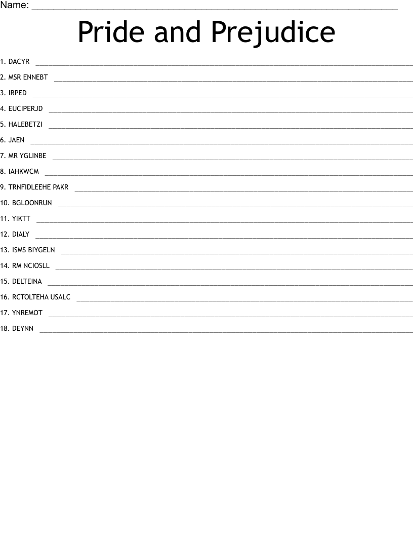Pride and Prejudice  Word Scramble