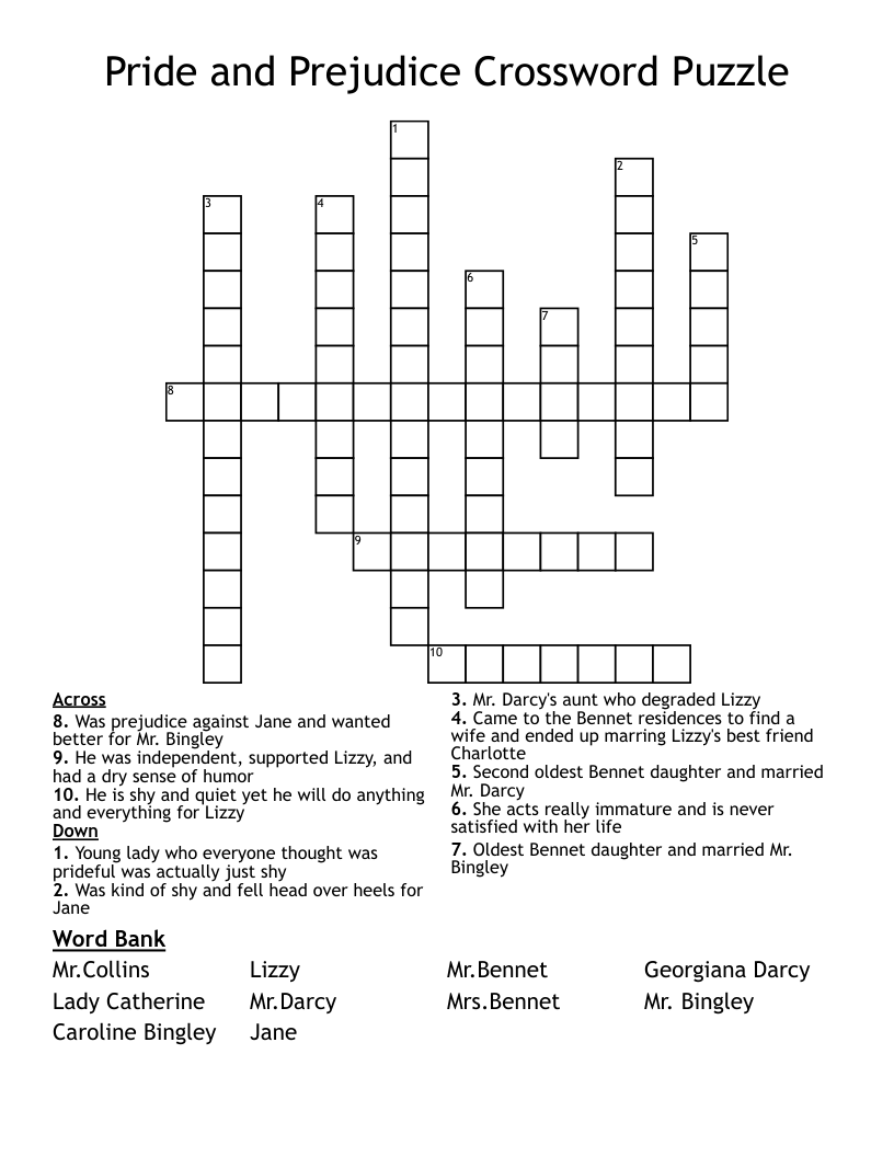 Pride and Prejudice  Crossword Puzzle 