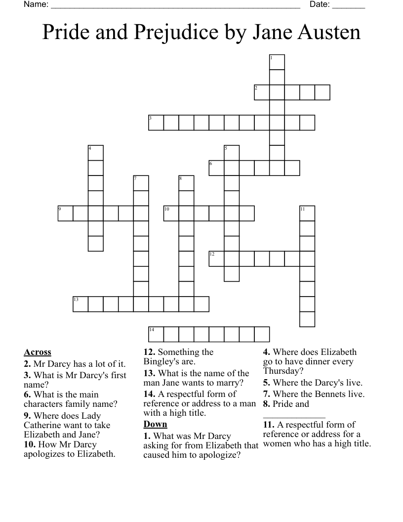 Pride and Prejudice by Jane Austen Crossword