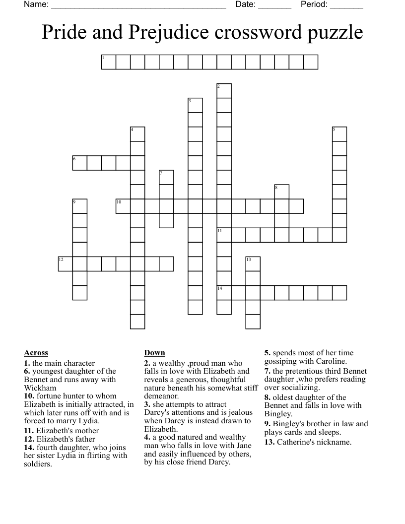 Pride and Prejudice crossword puzzle
