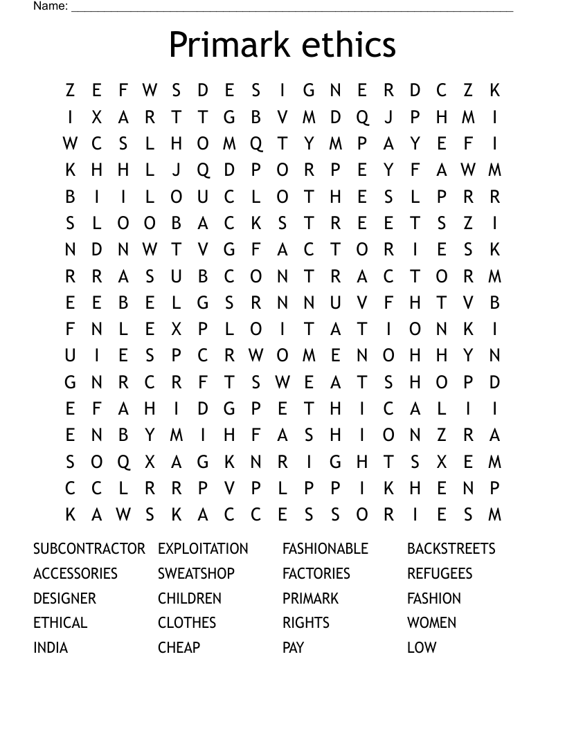Primark ethics Word Search