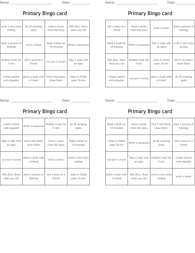 Primary Bingo card