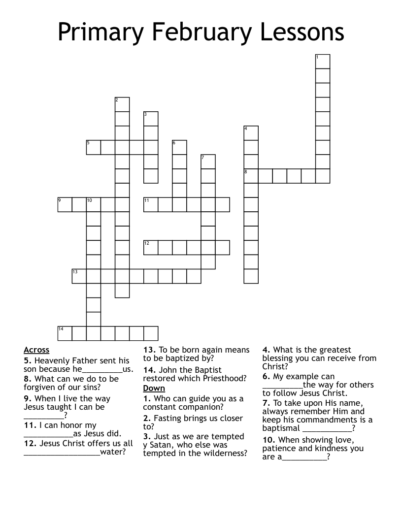 Primary February Lessons Crossword