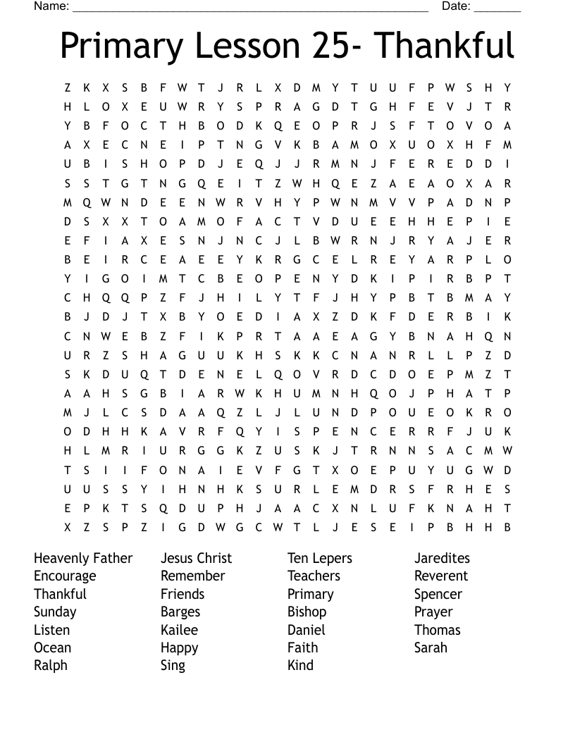 Primary Lesson 25- Thankful Word Search