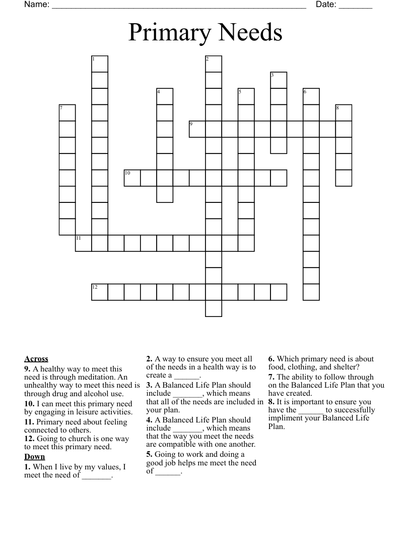 Primary Needs Crossword